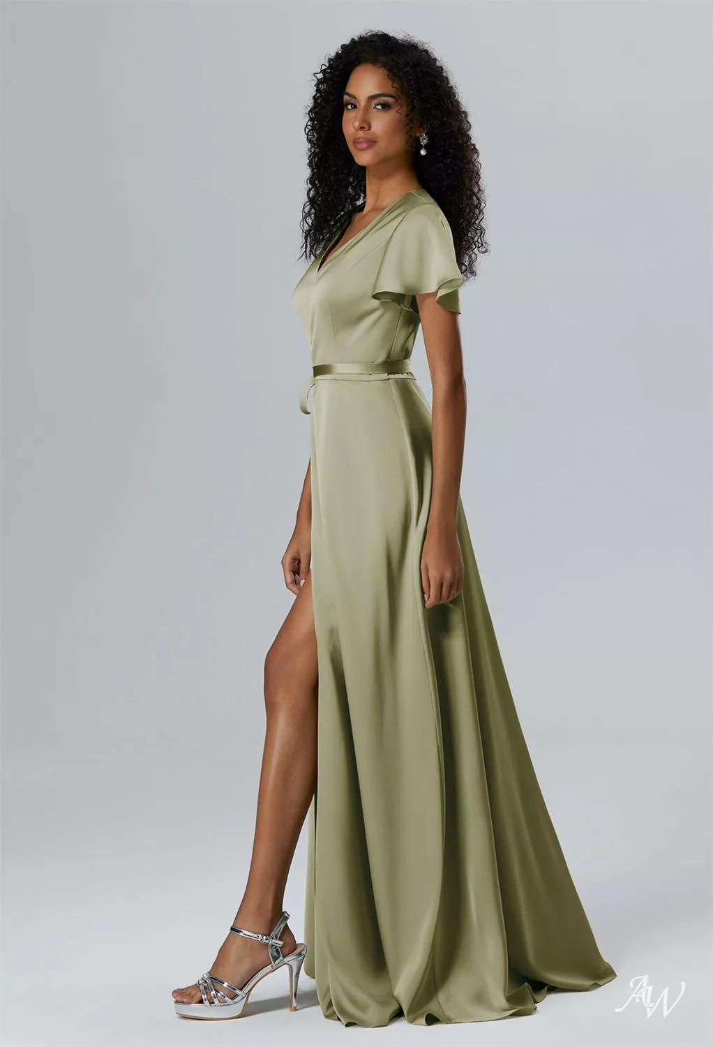 AW Roseanne Dress, Sage Green Crystal Satin Satin Charmeuse